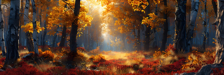 Photo realistic image capturing Autumn Colors transforming an old growth forest into a canvas of vibrant colors ranging from deep reds to bright yellows   Stock Photo Concept