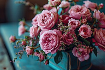 Bouquet of fresh pink roses flowers in the vase with gift box