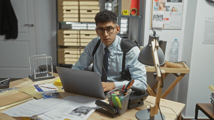 A focused man with glasses working on a laptop in a cluttered detective office setting.