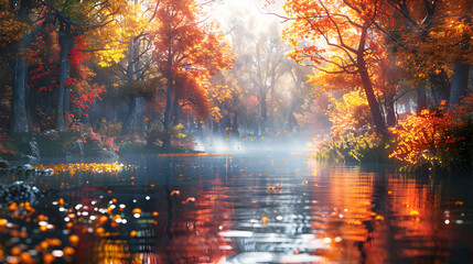 Autumn River Bliss: Tranquil Waters Reflecting Colorful Fall Trees, Photo Realistic Nature Concept