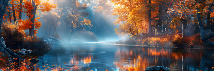 Fall Foliage Serenity: A picturesque river scene showcasing vibrant autumn colors reflected in the tranquil water