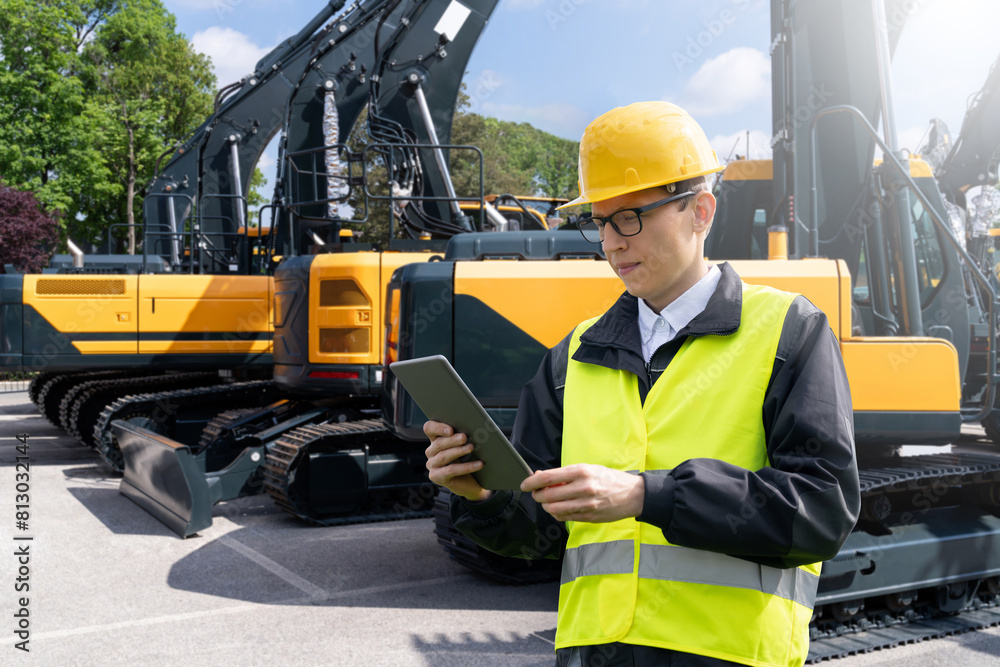 Aufkleber engineer in a helmet with a digital tablet stands next to construction excavators