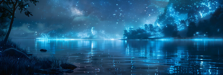 Fototapeta na wymiar Bioluminescent Bay at Night: A Secluded Escape into Nature s Nighttime Wonders