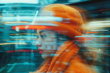 Close-up image focusing on the texture of an orange jacket and motion lines, showcasing movement and vibrancy in the city