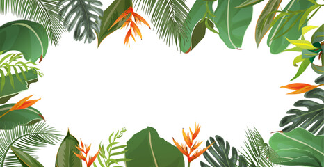 Banner frame with tropical leaves, flowers. Summer background with jungle exotic plants: coconut palm, banana, bamboo, Parrot Beak. Panoramic view, realistic botanical illustration in watercolor style