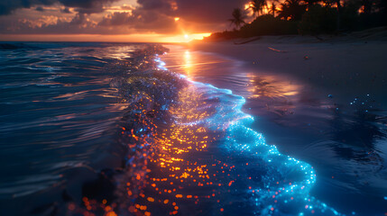 Enchanting Bioluminescent Beach at Twilight: Waves Transforming the Coastline into a Glowing Paradise