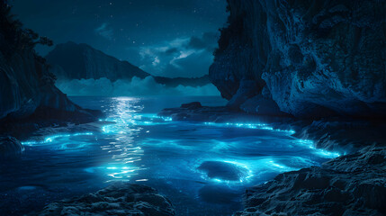 Luminous Bioluminescent Cove: Hidden Paradise with Photo Realistic Waves Lighting up Secluded Cove in Night Stock Photo Concept