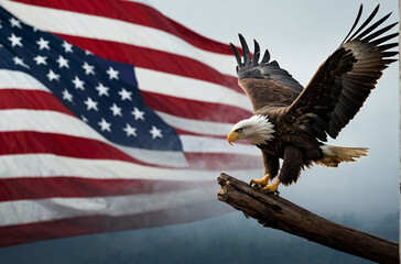 Naklejka premium The national symbol of the USA. Eagle flying with USA flag in the background. Digital art. ai generated
