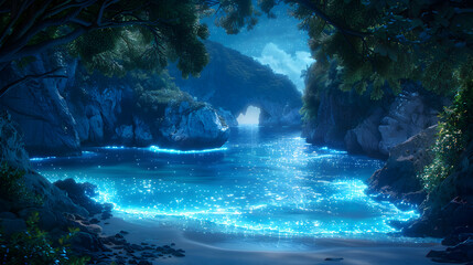 Enchanting Bioluminescent Cove: Hidden Paradise Illuminated by Luminous Waves in Secluded Night Scene