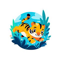 Naklejka premium Cute Tiger Cartoon Its Striped Fur Glowing, Cartoon Illustration