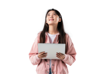 Southeast Asian Girl with Laptop Looking Up