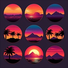 Beach sunset illustration with vibrant gradient sky. Vector ocean sunset scenery. Colorful tropical beach.