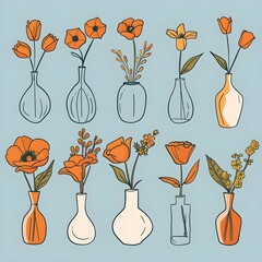 Set of Flowers in Vase Collection, Vector Illustration. Set of flower vase with doodle lines. Pottery illustration of antique objects.