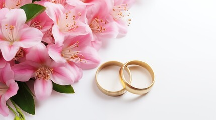 Golden wedding rings and flowers. Two upright gold wed bands isolated on white background.