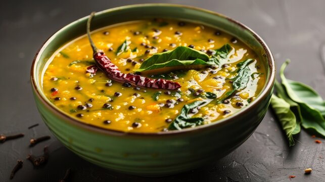 A bowl of Basale Soppu Sambar (Malabar spinach sambar), a traditional South Indian stew known for its vibrant color and fragrant spices.