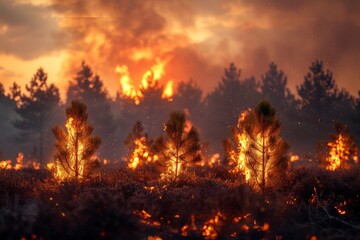 A devastating wildfire tears through a pine forest, capturing nature's raw power and the vulnerability of the ecosystem