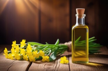 a small transparent glass bottle of rapeseed oil on a wooden table, a bouquet of fresh yellow flowers, eco-friendly medicinal solution, natural background, sunny day
