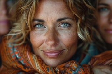 Striking close-up of a smiling woman with blue eyes and a colorful autumn scarf wrapped around her