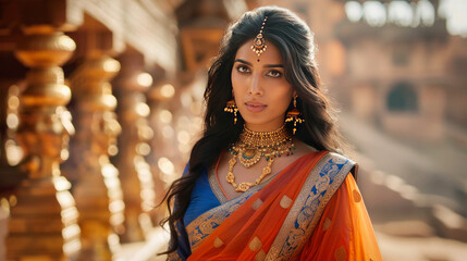 A portrait of a beautiful young Indian girl in traditinal clothes