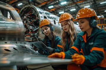 Three female engineers in hard hats using tablet in an aircraft assembly line