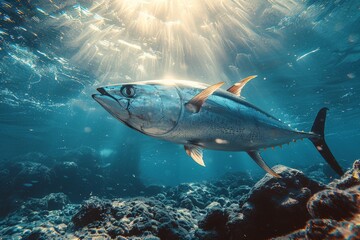 A beautifully lit underwater shot featuring a blue tuna fish with radiant sunbeams piercing through the water