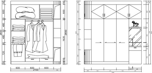 Vector sketch illustration of design for clothes cupboard furniture for home interior with size scale