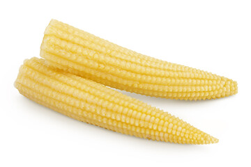 Pickled young baby corn cobs isolated on white background