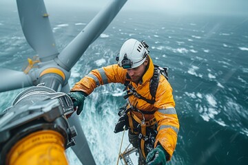 A technician in a safety harness is repairing an offshore wind turbine, with ocean waves below him