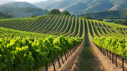 Fototapeta premium Vineyard is located against a backdrop of hills and mountains