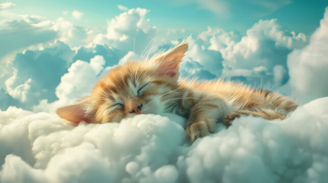 Cute baby cat sleeping on the clouds
