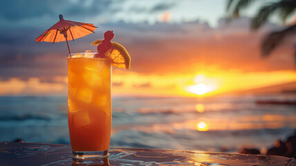 An orange cocktail on a beach at sunset