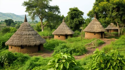Traditional African village with huts made of mud and thatched roofs