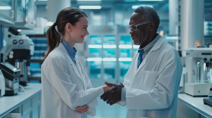 Fototapeta premium Scientists Shaking Hands in Lab