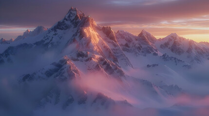 Dawn Over Snowy Peaks: Serene Early Morning Light Bathing Snow Capped Peaks in Warm Glow   Photo Realistic Concept