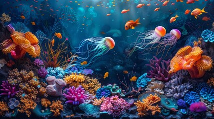 Obraz premium A colorful underwater scene with many fish and coral
