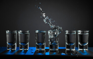 Alcoholic shots of vodka or strong drink in small glasses.