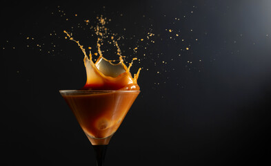 Chocolate martini drink with splashes on a black background.