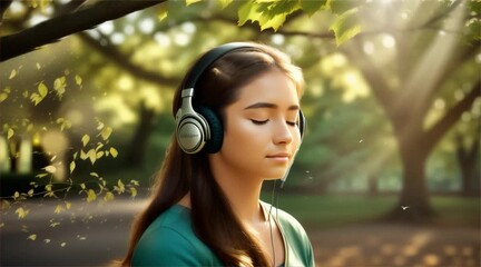 Person wearing headphone, closed their eyes and enjoying their  time in the park