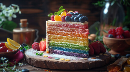 A slice of rainbow cake on a rustic wooden table, surrounded by ingredients used in its creation...