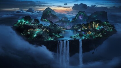 A floating island paradise with bioluminescent plants glowing in the twilight, waterfalls cascading into a misty cloud layer below.
