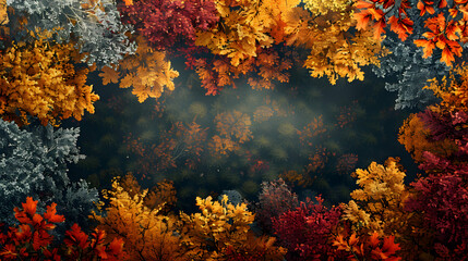 Fototapeta na wymiar Autumnal Majesty: Captivating Aerial View of a Lush Forest Canopy Blanketed in Vibrant Yellows and Reds, Symbolizing the Splendor of Fall Photo Realistic Stock Concept