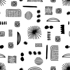 Abstract geometric modern hand drawn seamless pattern. Vector monochrome authentic ornament. Use for clothing, home decoration, packaging and cases.