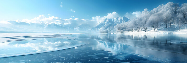 Frozen Serenity: Ice Formations on a Serene Winter Lake Creating a Silent Frozen Landscape under a Clear Blue Sky