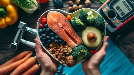 Healthy lifestyle concept with heart-shaped bowl of nutritious food. Vibrant ingredients for a balanced diet. Fitness and wellness represented visually. AI