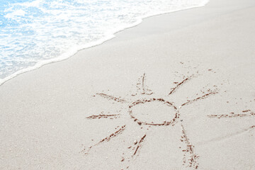 beautiful drawings inscription on the sand of the sea in the summer on the nature