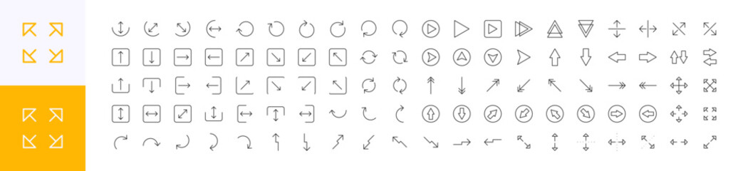 Arrows 100 line icons set 2. Download and interface sign. Orientation, indicator symbol. Isolated on a white background. Pixel perfect. Editable stroke. 64x64.