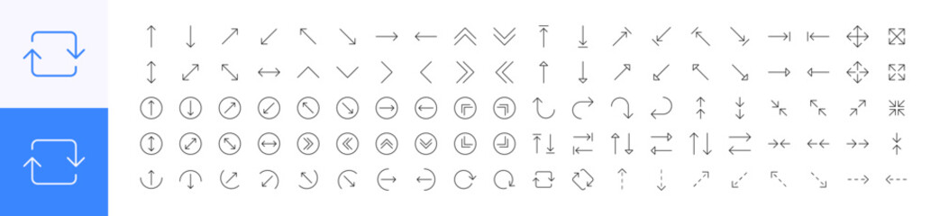 Arrows 100 line icons set. Download and interface sign. Orientation, indicator symbol. Isolated on a white background. Pixel perfect. Editable stroke. 64x64.