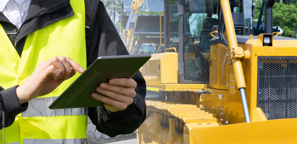 Poster Worker in a helmet with a digital tablet on the background of construction machine..