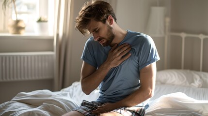 Morning discomfort. Young man with chest pain sitting on bed. Health issues capture. Photograph style. Health-related content. AI - Powered by Adobe