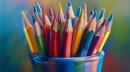 Fototapeta premium Visualize a captivating arrangement of vibrant artistic colored pencils nestled in a multi-hued cup, ready for creative projects.